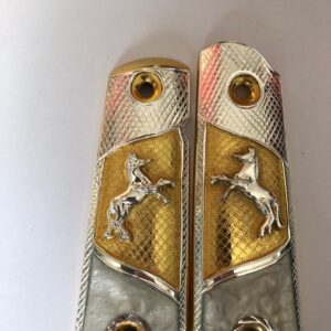 Silver plated govermment 1911 gun grips Mexican Narco style Cachas Silver Horse Golden Background