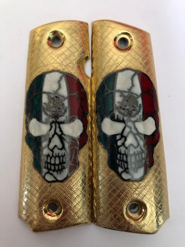 Gold plated govermment 1911 gun grips Mexican Narco style Cachas Mexican Flag Skull