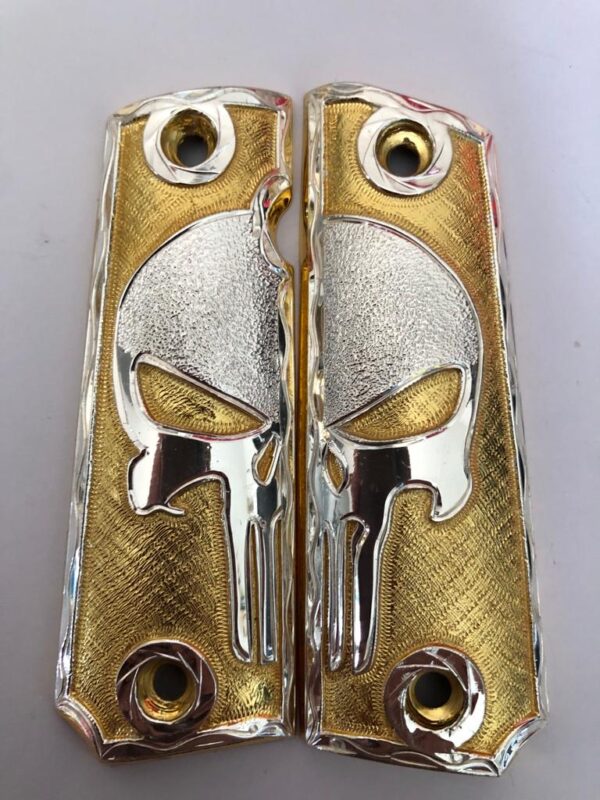 Gold plated govermment 1911 gun grips Mexican Narco style Cachas Silver Skull 2