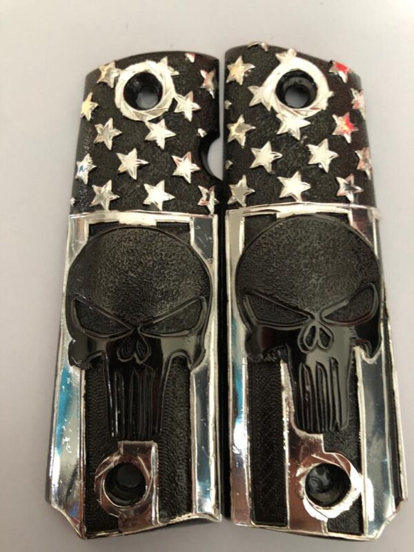 Silver plated government 1911 gun grips Mexican Narco style Cachas Black Skull