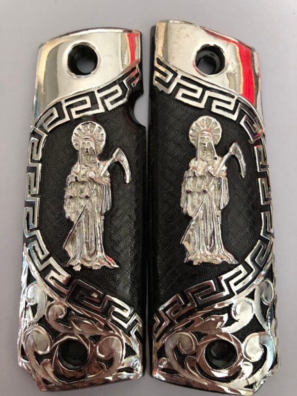 Silver plated government 1911 gun grips Mexican Narco style Cachas Silver San Judas