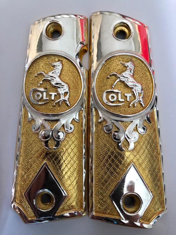 Gold plated government 1911 gun grips Mexican Narco style Cachas Silver Colt Horse