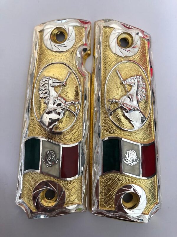 Silver plated government 1911 gun grips Mexican Narco style Cachas Silver Horses With Mexican Flag