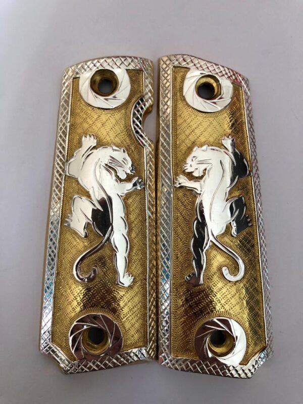 Golden plated govermment 1911 gun grips Mexican Narco style Cachas Silver Pumas