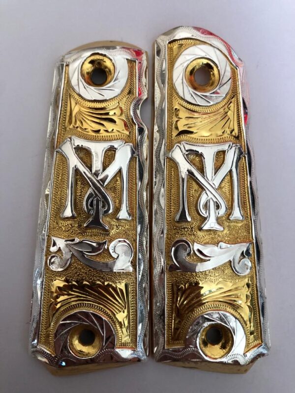 Golden plated govermment 1911 gun grips Mexican Narco style Cachas Silver TM