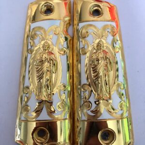 Gold plated govermment 1911 gun grips Mexican Narco style Cachas Golden San Judas Silver Background