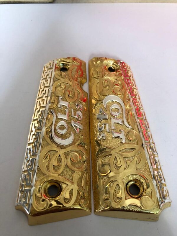 Gold plated govermment 1911 gun grips Mexican Narco style Cachas Silver Colt 45