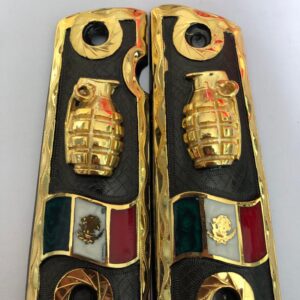 Gold plated govermment 1911 gun grips Mexican Narco style Cachas Golden Granede Mexican Flag