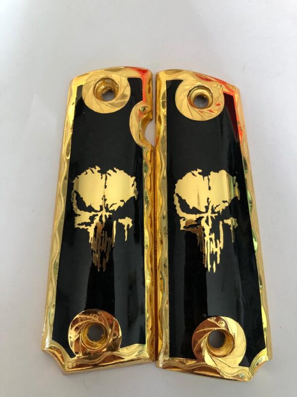 Gold plated govermment 1911 gun grips Mexican Narco style Cachas Golden Skull Black Edition