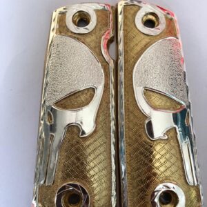 Gold plated govermment 1911 gun grips Mexican Narco style Cachas Silver Skull