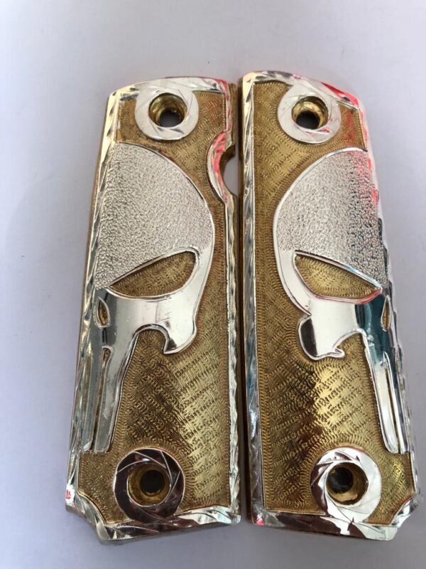 Gold plated govermment 1911 gun grips Mexican Narco style Cachas Silver Skull