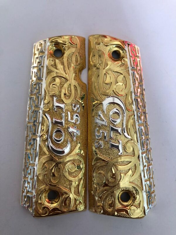 Gold plated govermment 1911 gun grips Mexican Narco style Cachas Silver Colt 45