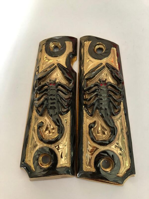Gold plated govermment 1911 gun grips Mexican Narco style Cachas Black Scorpion