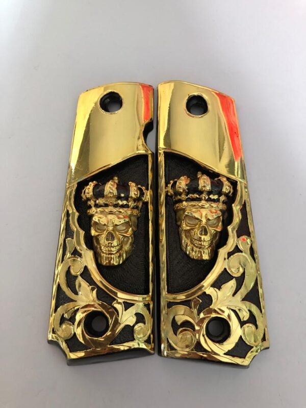 Gold plated govermment 1911 gun grips Mexican Narco style Cachas Golden Skull King Black Edition