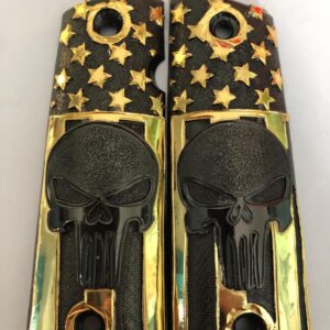 Gold plated govermment 1911 gun grips Mexican Narco style Cachas Black Skull Golden Stars