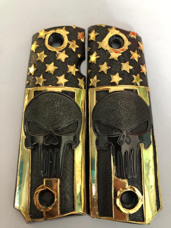 Gold plated govermment 1911 gun grips Mexican Narco style Cachas Black Skull Golden Stars