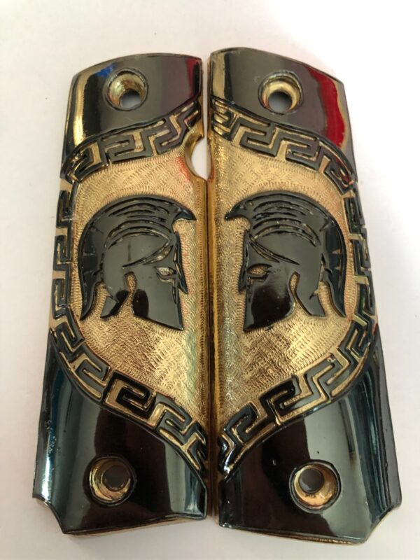 Gold plated govermment 1911 gun grips Mexican Narco style Cachas Black Sparta Healmet