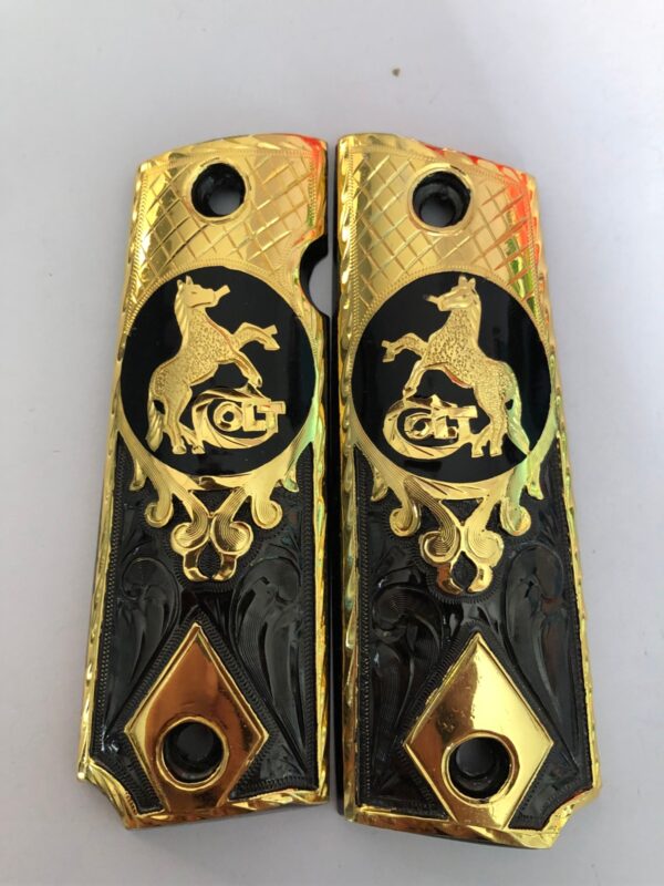 Gold plated govermment 1911 gun grips Mexican Narco style Cachas Golden Horse Circle