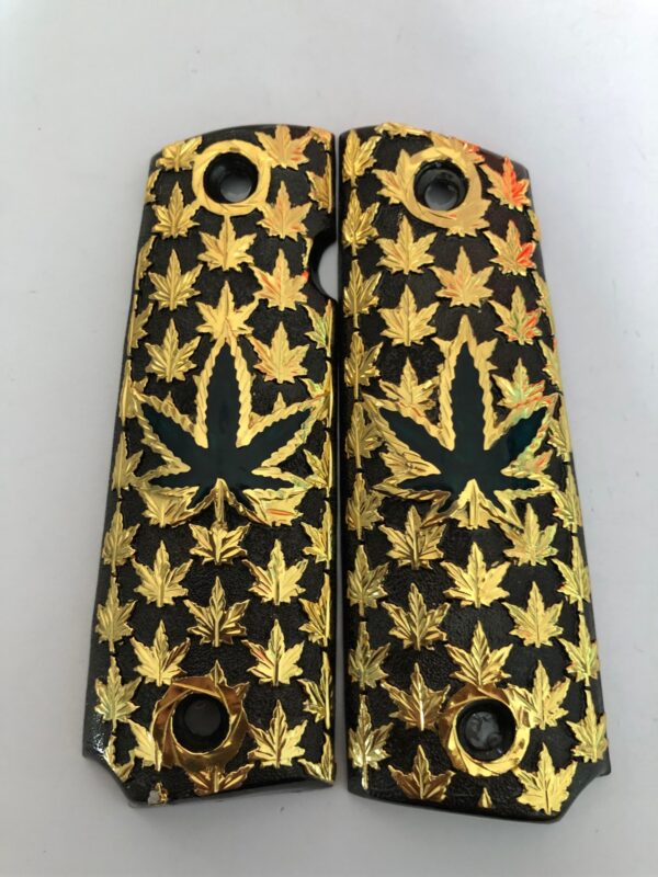 Gold plated govermment 1911 gun grips Mexican Narco style Cachas Marihuana Plant