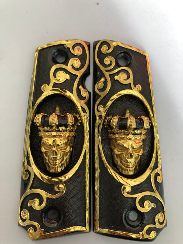 Gold plated govermment 1911 gun grips Mexican Narco style Cachas Golden Skull king Black Edition