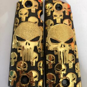 Gold plated govermment 1911 gun grips Mexican Narco style Cachas Golden Golden Skulls