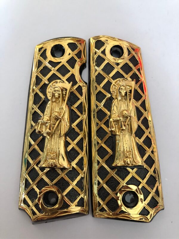 Gold plated govermment 1911 gun grips Mexican Narco style Cachas Golden Santa Muerte