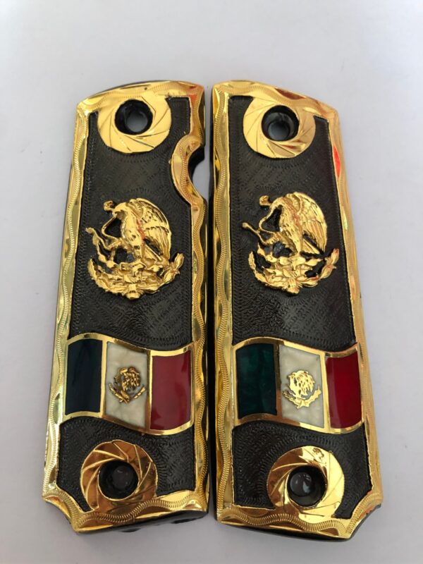 Gold plated govermment 1911 gun grips Mexican Narco style Cachas Mexican Eagle Black Edition