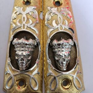 Gold plated govermment 1911 gun grips Mexican Narco style Cachas Skull king Silver Crown