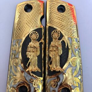 Gold plated government 1911 gun grips Mexican Narco style Cachas Santa Muerte Silver