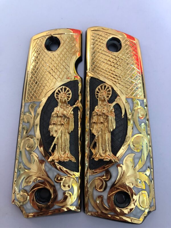 Gold plated government 1911 gun grips Mexican Narco style Cachas Santa Muerte Silver