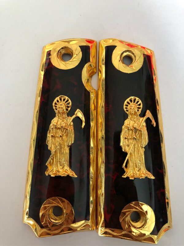 Gold plated government 1911 gun grips Mexican Narco style Cachas Santa Muerte