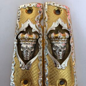 Gold plated govermment 1911 gun grips Mexican Narco style Cachas Skull king