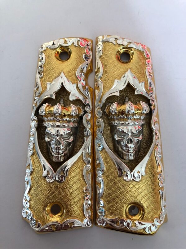 Gold plated govermment 1911 gun grips Mexican Narco style Cachas Skull king