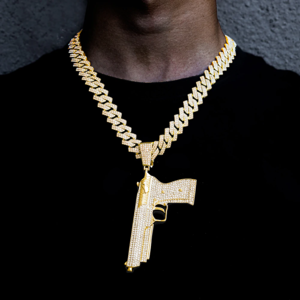 Unisex Iced Out Bling Submachine Gun Pendant Necklace 13Mm Miami Cuban Chain Hip Hop Rhinestone Necklaces High Quality Jewelry
