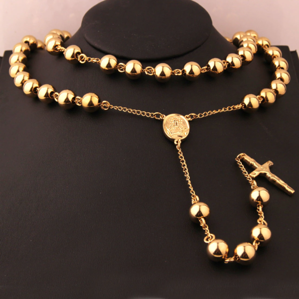 Mens Necklace Chain Italy Gold Tone Bead Chain Crown Rosary Jesus Cross Pendant Stainless Steel 4/6/8/10Mm Cool Jewelry