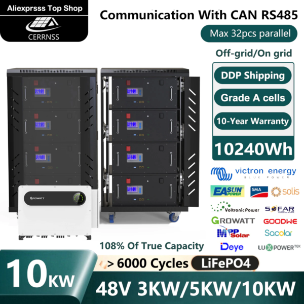 48V 200Ah 10KW Lifepo4 Battery 6000+ Cycles 32 Parallel Built-In BMS with CAN/RS485 COM for Off/On Grid No Tax-10 Years Warranty