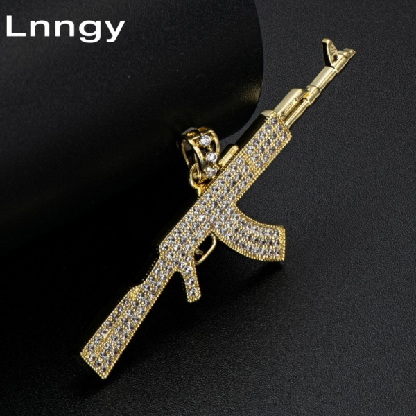 14K Solid Yellow Gold Iced Out AK47 Gun Pendant CZ Hip Hop Punk Rock Cool Men Rifle Jewelry Gift for Him