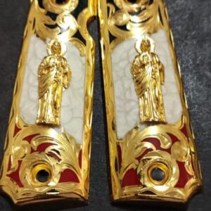 Gold plated gun grip - Colt - San Judas Fondo blanco y Rojo