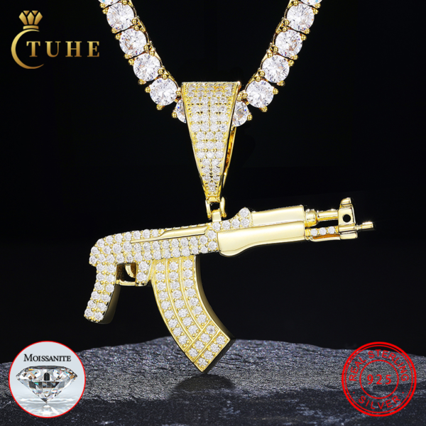 Rapper'S Punk Style 18K Gold Plated 925 Sterling Silver VVS Moissanite Diamond Iced Out AK47 Gun Pendant for Men