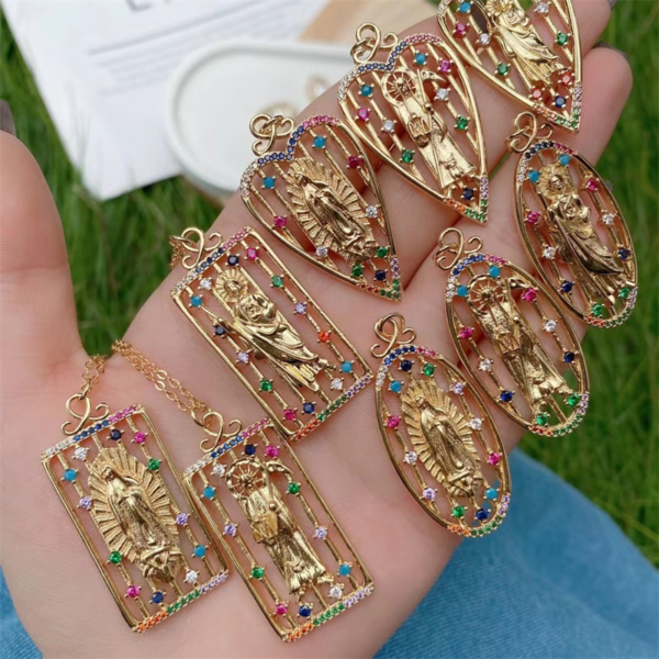 24K Gold Plated San Judas Santa Muerte Pendant Rainbow Zirconia Paved Virgin Mary Necklace Pendant Catholic Gifts