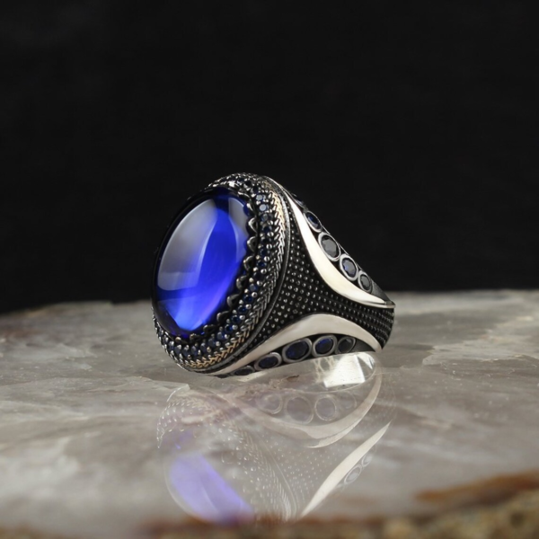 Vintage Sterling Silver Ring Men with Dark Blue Lapis Lazuli Thai Silver Ring with Black Men Turkish Jewelry