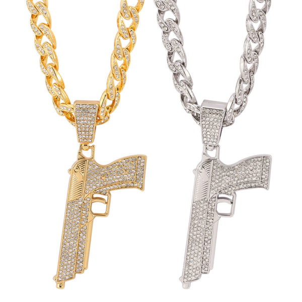 Fashion Men Iced Out Charm Necklace Hip Hop Punk Jewelry Miami Cuba Chain Pistol Style Necklace
