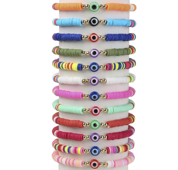 Bohemian Polymer Clay Discs Bracelet Multicolor Eye of Turkey T Beads Stretch Bracelet for Women Friendship Summer Beach Jewelry