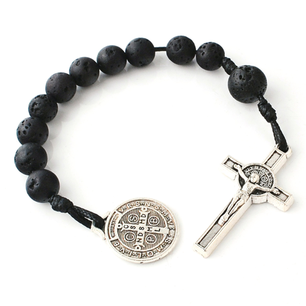 Catholic St.Benedict Pendant Decade Bracelet 8Mm Lava Stone Beads Pocket Rosary with Religious Crucifix
