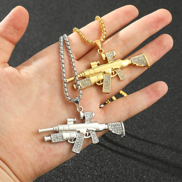 Hip-Hop Jewelry Cuban Link Chain Iced Out 18K Gold Plated AK47 Gun Pendant Necklace Cubic Zircon Crystal Rhinestone Jewelry